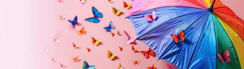 Vibrant Rainbow Umbrella and Butterflies on Pink Background