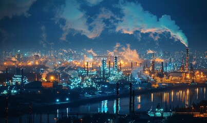 Fototapeta premium A nocturnal cityscape overwhelmed by the dense smoke emissions from industrial factories, reflecting environmental concerns.