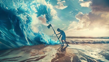 A whimsical painter dipping their brush into the ocean, with waves flowing directly onto the canvas