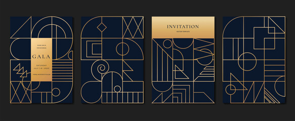 Geometric line pattern cover design vector. Set invitation card of abstract geometric line art design on dark blue background. Use for wedding invitation, cover, VIP card, print, gala, wallpaper.