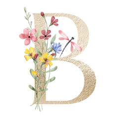 Golden letter B with watercolor flowers and leaves. Floral alphabet, gold monogram initial perfectly for birthday, wedding invitations, greeting card, logo, poster and other design. Hand painting.