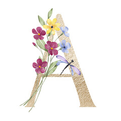 Golden letter A with watercolor flowers and leaves. Floral alphabet, gold monogram initial perfectly for birthday, wedding invitations, greeting card, logo, poster and other design. Hand painting.