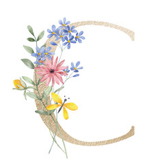 Golden letter C with watercolor flowers and leaves. Floral alphabet, gold monogram initial perfectly for birthday, wedding invitations, greeting card, logo, poster and other design. Hand painting.