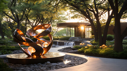 Sculpture garden with abstract metal sculptures, gravel paths, and spotlighting for nighttime,