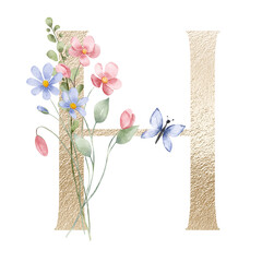 Golden letter H with watercolor flowers and leaves. Floral alphabet, gold monogram initial perfectly for birthday, wedding invitations, greeting card, logo, poster and other design. Hand painting.