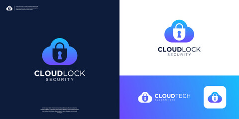 Cloud logo with negative space padlock and key hole logo design.