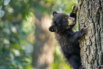 Obraz premium A young bear cub climbing a tree, trying to reach a beehive for honey