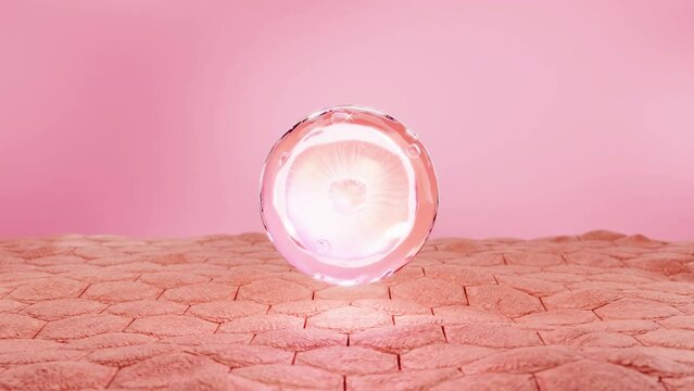 Two blue atoms combine to form a special active ingredient, penetrate into the skin and help the skin become bright and rosy. 3D animation for advertising video of cosmetic or beauty product