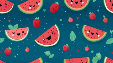 Seamless pattern watermelon, cherry and strawberry