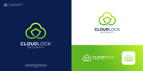 Cloud line logo with shield security logo design.