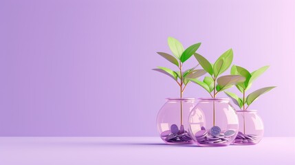 Money tree coin growing in jar pot on purple background. 3D financial concept, investment, finance growth