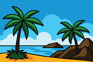 Fototapeta na wymiar Tropical beach landscape with palm trees and rocks on the seashore cartoon vector illustration