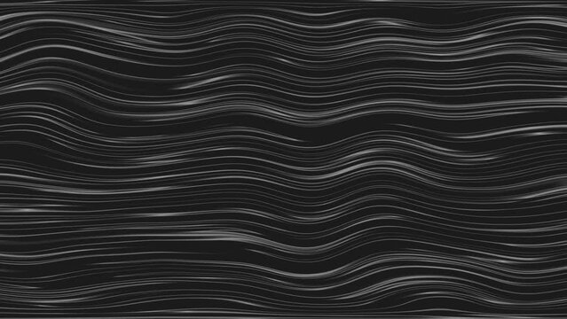 Seamless abstract black and white wavy animation. Smooth motion of curvy white lines on black background.