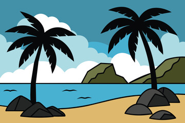 Tropical beach landscape with palm trees and rocks on the seashore cartoon vector illustration