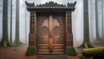 A door with intricate carvings in a foggy forest