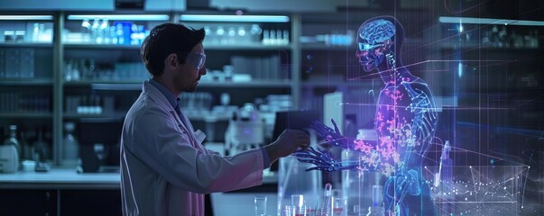An advanced AI hologram assisting a scientist in a hightech lab, displaying complex data visualizations in midair