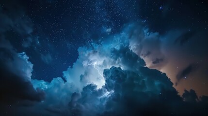A close-up shot of a lightning bolt illuminating the night sky, with stars twinkling in the background and clouds swirling around the electrifying event.  - Powered by Adobe