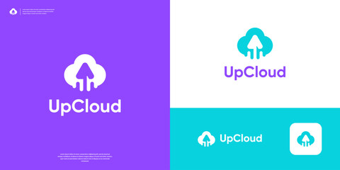 Cloud logo with negative space arrow boost upload logo design.