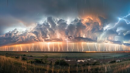 A long-exposure shot of multiple lightning strikes captured in a single frame, showcasing the intensity and frequency of a thunderstorm. 