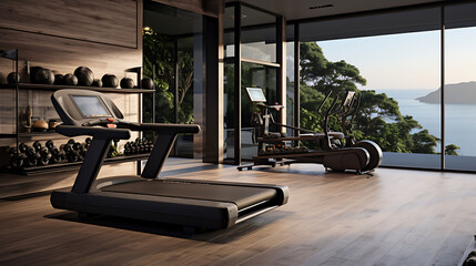 Sleek digital home gym with smart fitness equipment and a wall-mounted workout screen,