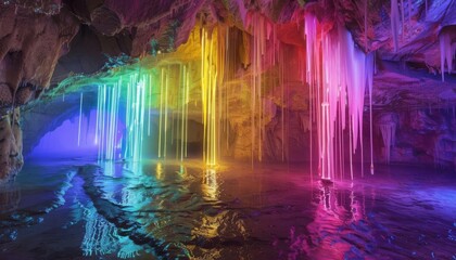 An art installation in a cave where stalactites drip glowing colors onto a canvas below