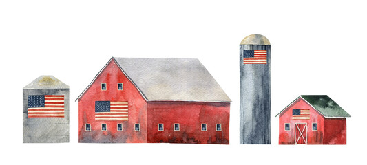 American wooden retro farmhouse, rural buildings, barn, silo tower, independence day, patriotic watercolor illustration © AsyaShu