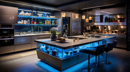 Sleek, high-tech kitchen with smart appliances and LED lighting,