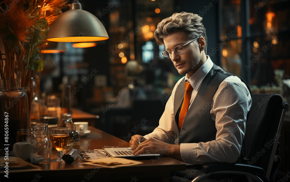 Poster man working at desk on laptop. generative ai