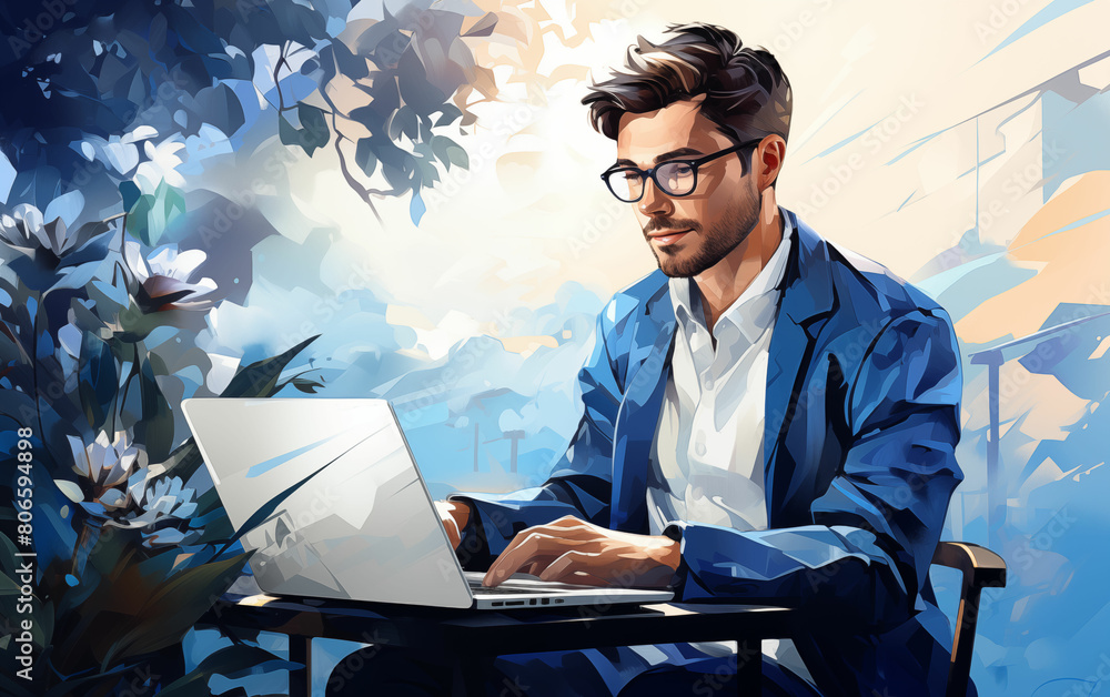 Poster man working on laptop. generative ai