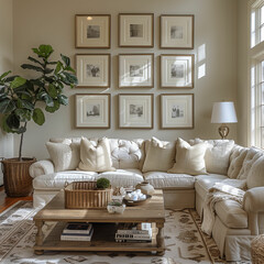 A cozy living room filled with furniture and wall art. Generative AI