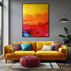 Modern living room with couch and painting. Generative AI