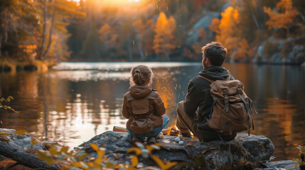 Man and child sitting on rock near lake. Generative AI
