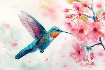 Capture a mesmerizing eye-level view of a vibrant hummingbird hovering over a blooming cherry blossom against a serene watercolor background