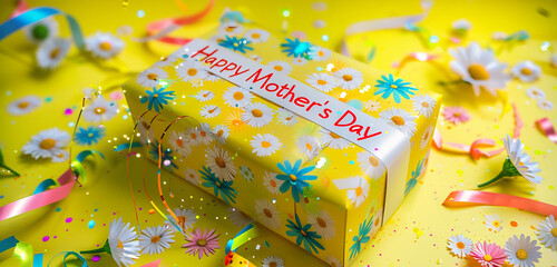 A gifbox wrapped in radiant sunshine yellow paper, embellished with cheerful daisies, playful bursts of colorful streamers, and a "Happy Mother's Day" banner gleaming joyfully.