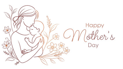 Floral Mothers Day illustration featuring mom hugging baby with copy space