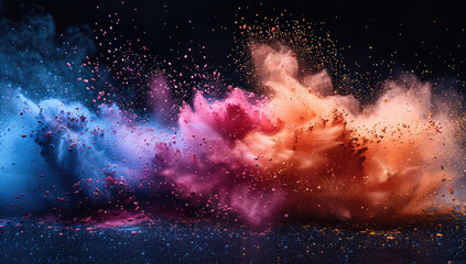 A vibrant explosion of colorful dust particles against the dark background, creating an abstract and dynamic visual effect. Creared with Ai
