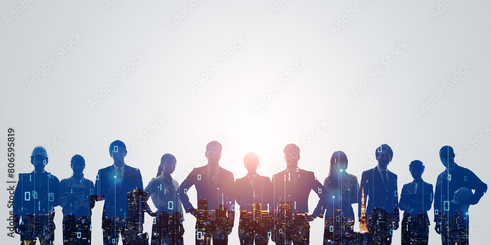 Poster group of multinational businesspeople and digital technology concept. wide angle visual for banners 