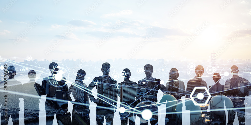 Poster group of multinational businesspeople and communication network concept. wide angle visual for banne