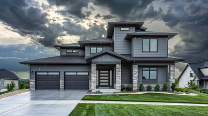 The bold modernity of a new home's exterior with gray siding, stone columns, and twin garages, under the stark contrast of a stormy sky