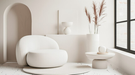 Serene minimalist interiors in earthy tones. Interior design composition in neutral tones using contrasting colors.