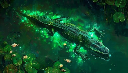 An overhead view of a cyberpunk alligator gliding through neongreen swamp waters, leaving a trail of glowing lilies in its wake