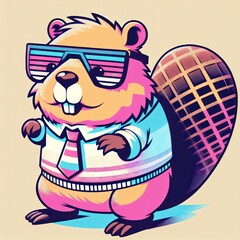 Stylish Beaver in Glasses: Playful Pastel Synthwave Vector Art with a Post-Impressionism Twist for Trendy Whimsical T-Shirt Design. Generative AI