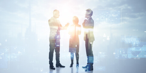 Group of multinational businesspeople and digital technology concept. Wide angle visual for banners or advertisements.