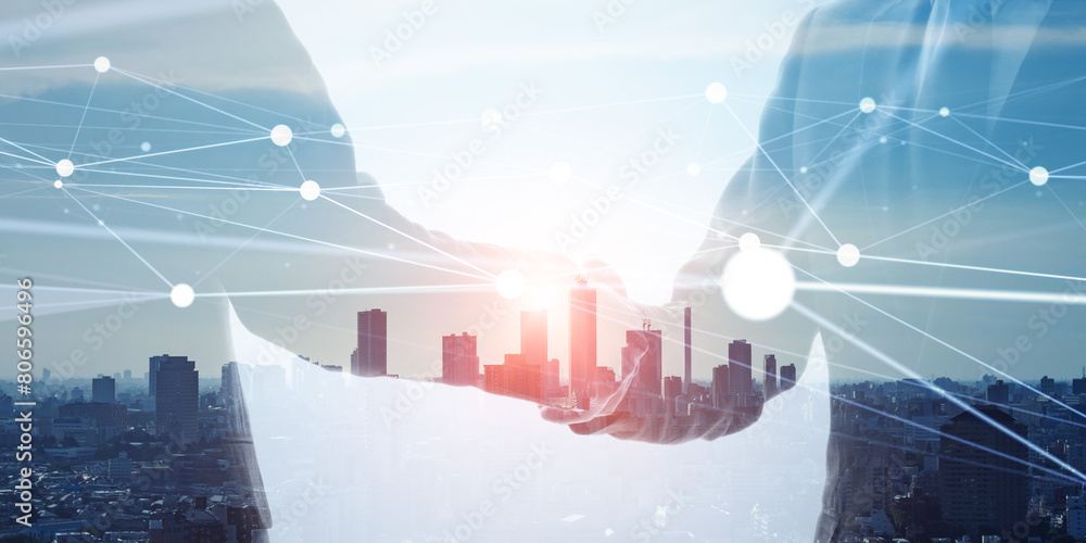Aufkleber group of businesspeople shaking hands and communication network concept. wide angle visual for banne