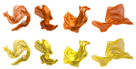 2 Collection set of yellow orange mustard silk satin cloth fabric floating flying in the air on transparent background cutout, PNG file. Mockup template for artwork graphic design