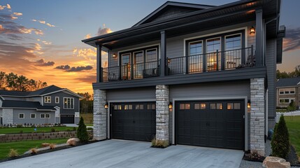 The contemporary charm of a new home with gray siding, stone columns, and a pair of garages, the balcony railings adding a touch of elegance at sunset
