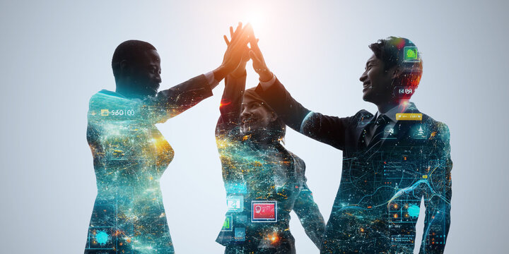 Group of multinational businesspeople and digital technology concept. Wide angle visual for banners or advertisements.