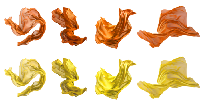 2 Collection set of yellow orange mustard silk satin cloth fabric floating flying in the air on transparent background cutout, PNG file. Mockup template for artwork graphic design