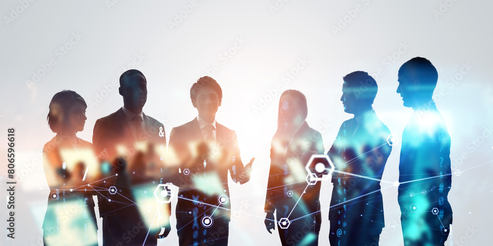 Poster group of multinational businesspeople and communication network concept. wide angle visual for banne