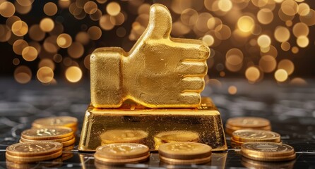 A golden thumbs up emoji on a stack of golden coins.